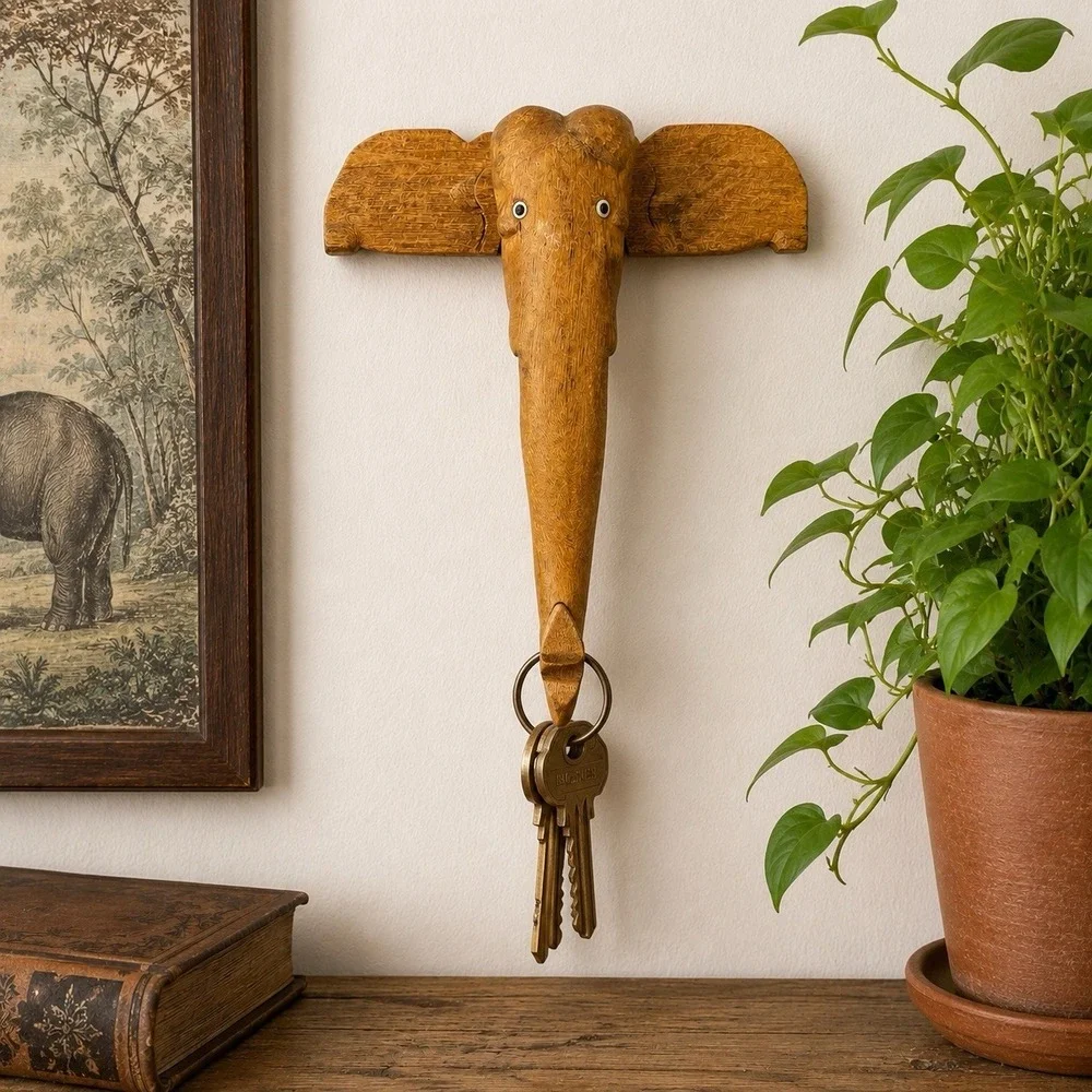 VTG Hand Carved Wooden Elephant Wall Hook Folk Art Safari Decor 6.25